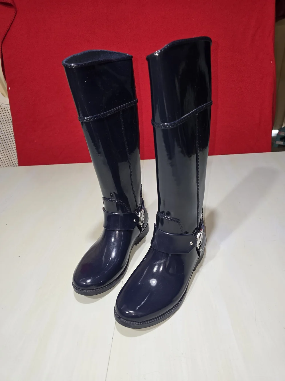 Michael Kors Fulton Harness Tall Navy Rain Boots MK Logo Women's Knee High